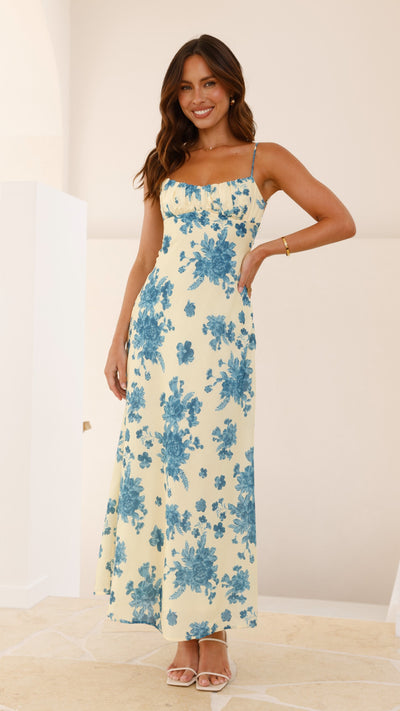 Load image into Gallery viewer, Margie Midi Dress - Yellow / Blue Floral - Billy J
