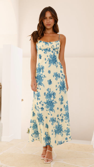 Load image into Gallery viewer, Margie Midi Dress - Yellow / Blue Floral - Billy J
