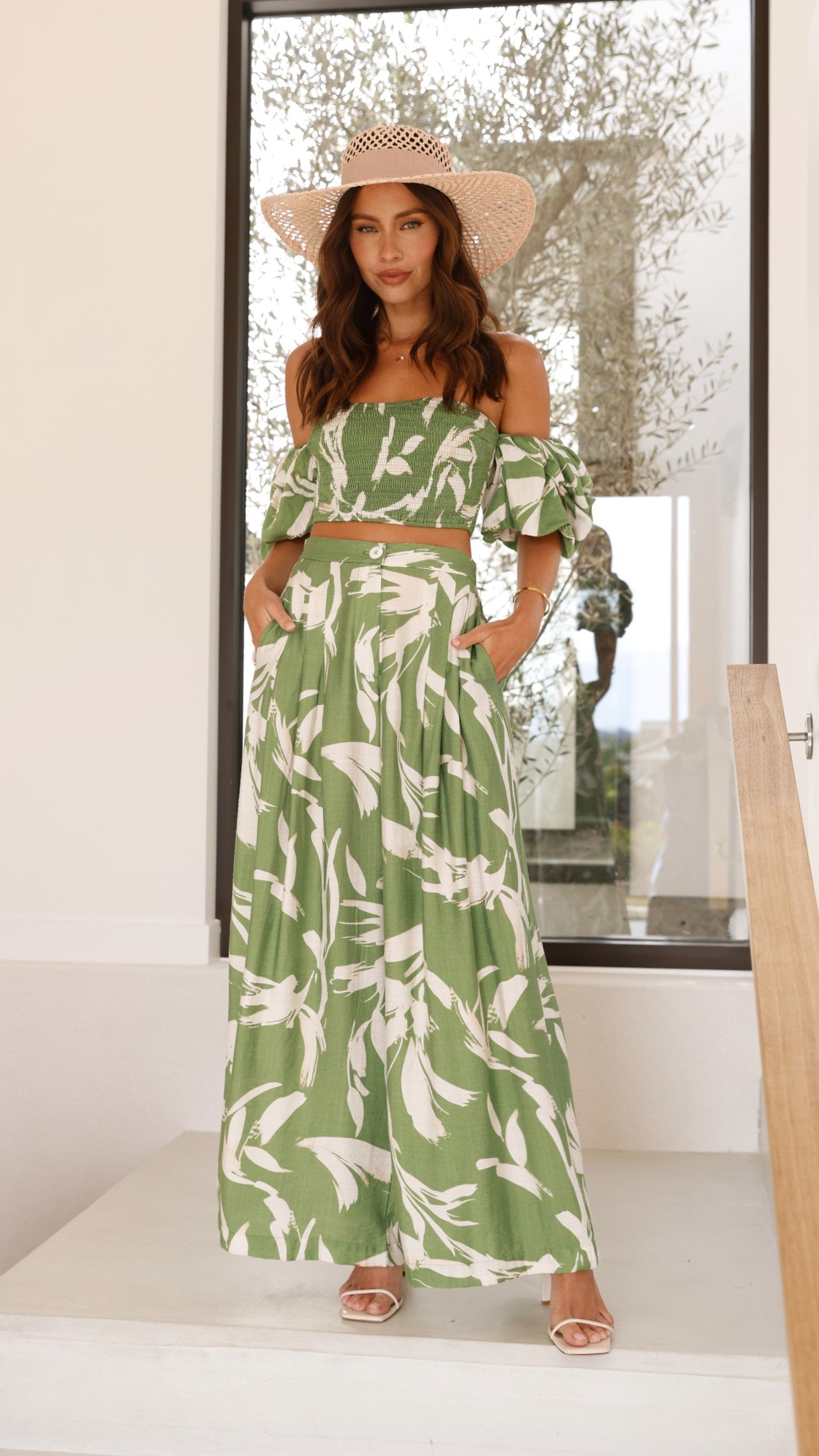 Callison Crop Top and Pants Set - Green Print - Billy J