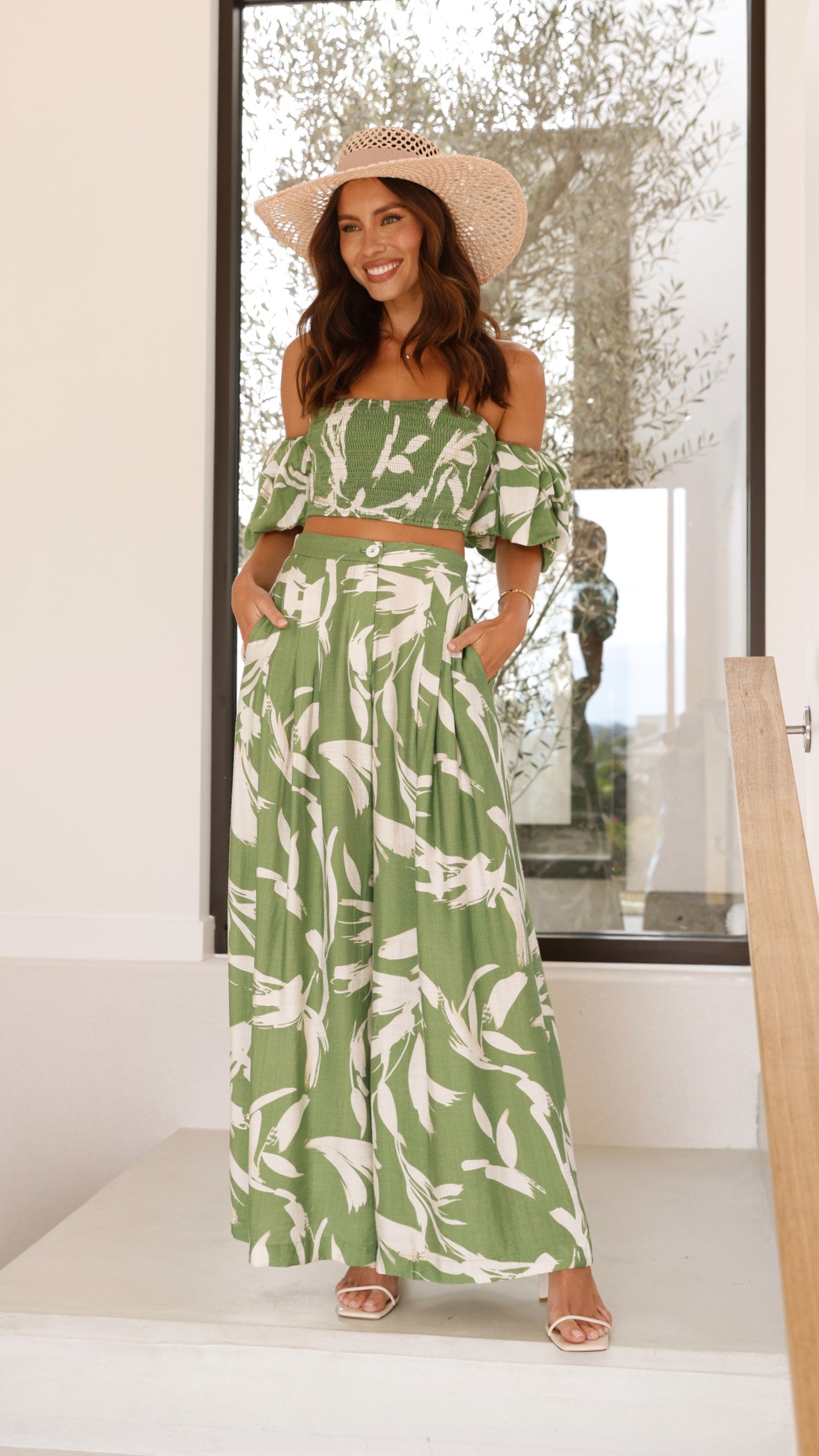 Callison Crop Top and Pants Set - Green Print - Billy J