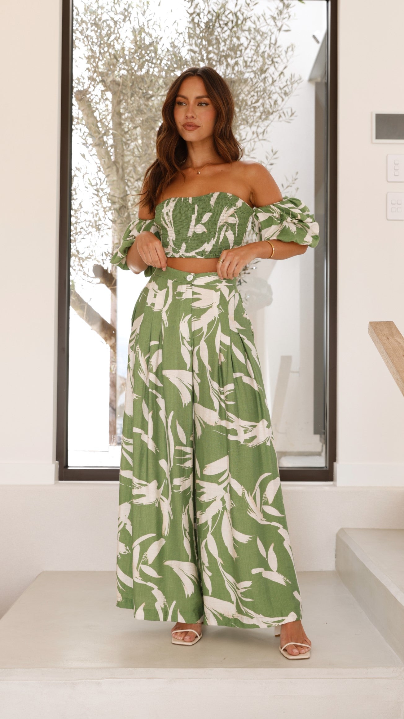 Callison Crop Top and Pants Set - Green Print - Billy J