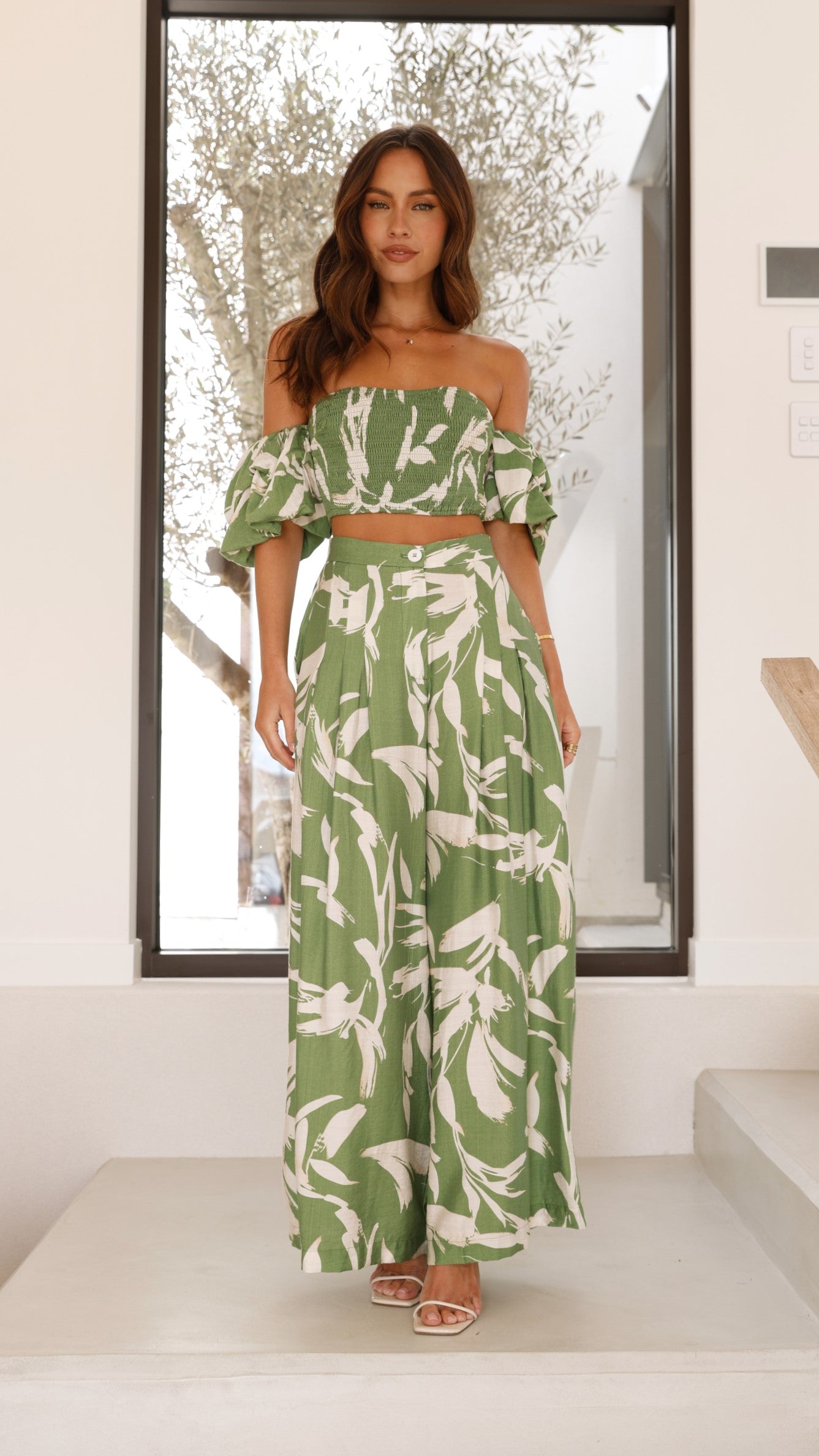 Callison Crop Top and Pants Set - Green Print - Billy J