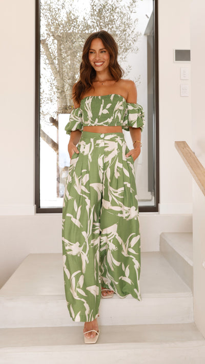 Load image into Gallery viewer, Callison Crop Top and Pants Set - Green Print - Billy J
