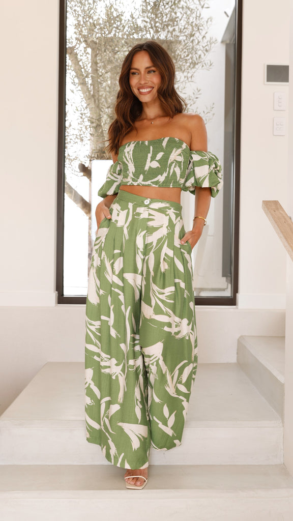 Callison Crop Top and Pants Set - Green Print - Billy J