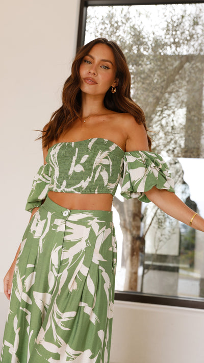 Load image into Gallery viewer, Callison Crop Top and Pants Set - Green Print - Billy J
