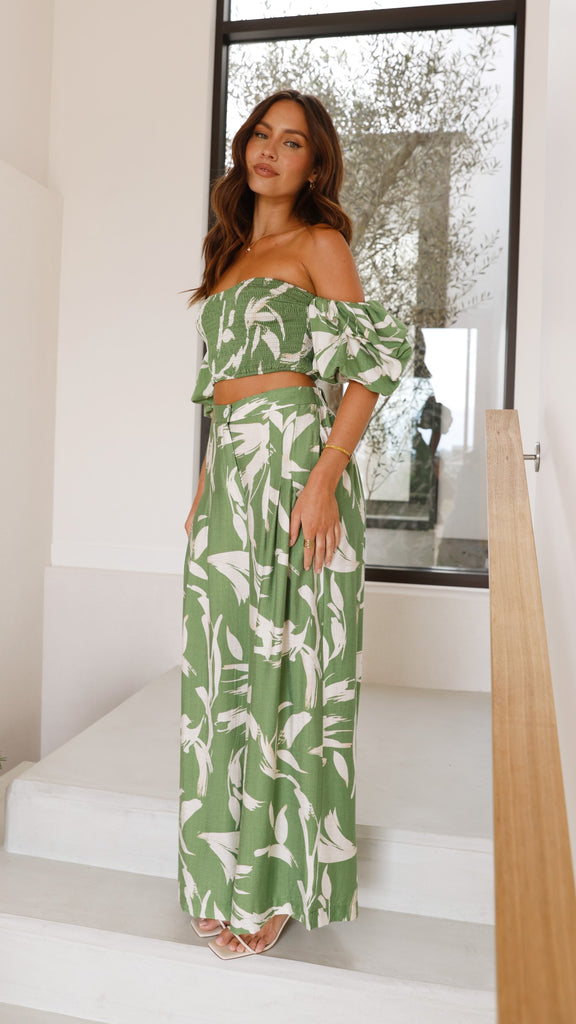 Callison Crop Top and Pants Set - Green Print - Billy J