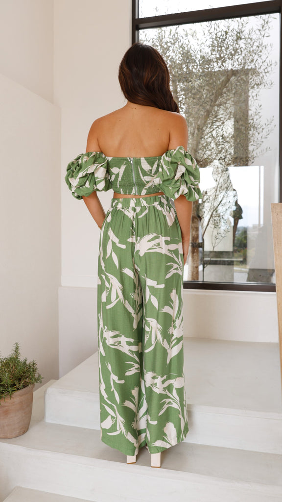 Callison Crop Top and Pants Set - Green Print - Billy J