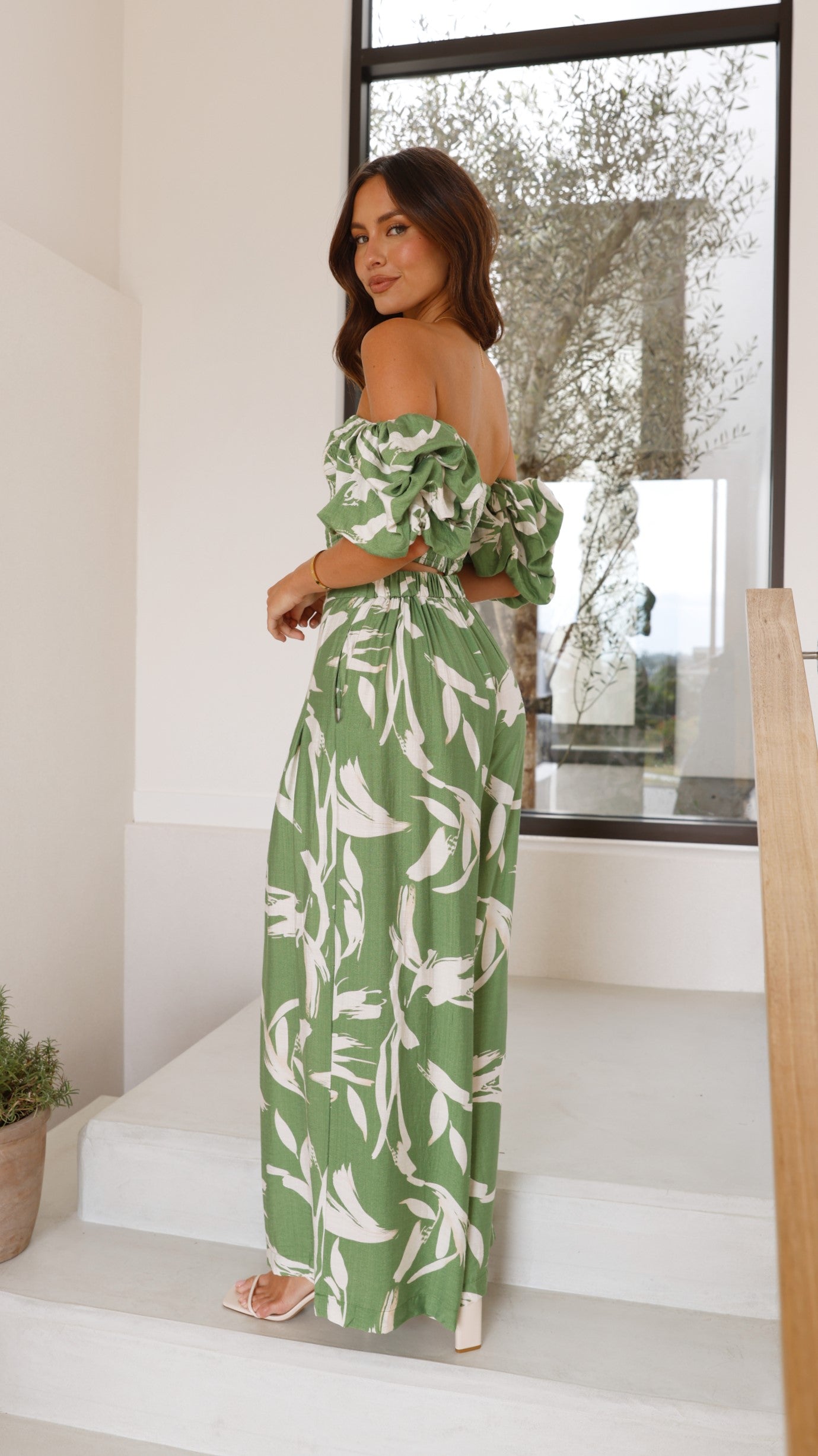 Callison Crop Top and Pants Set - Green Print - Billy J