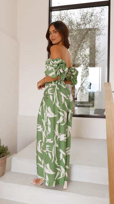 Load image into Gallery viewer, Callison Crop Top and Pants Set - Green Print - Billy J
