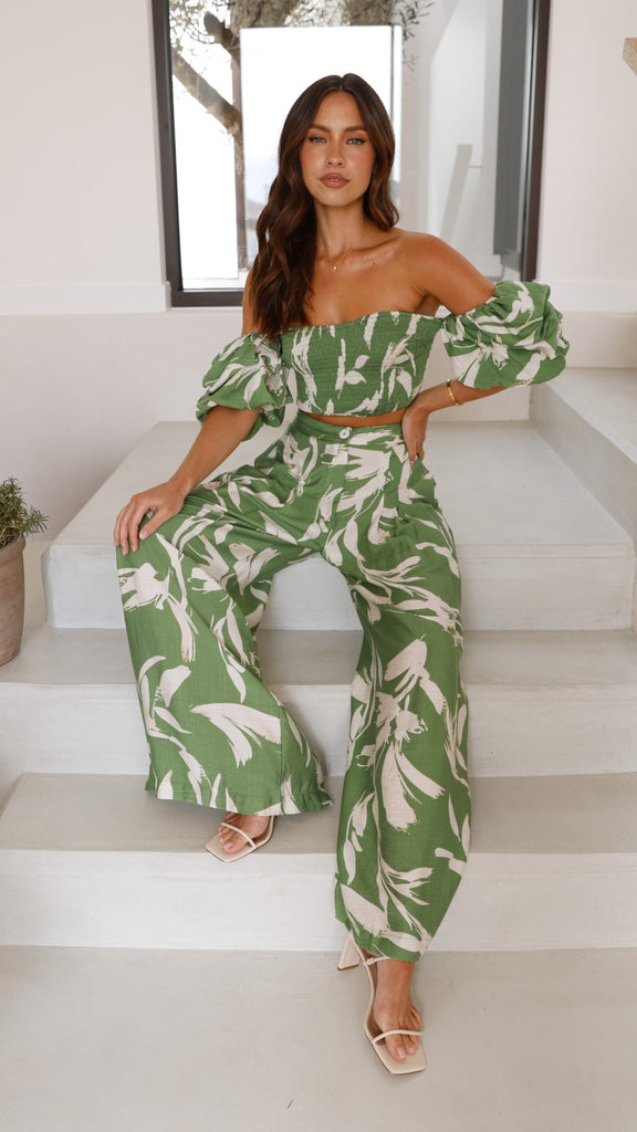 Callison Crop Top and Pants Set - Green Print - Billy J