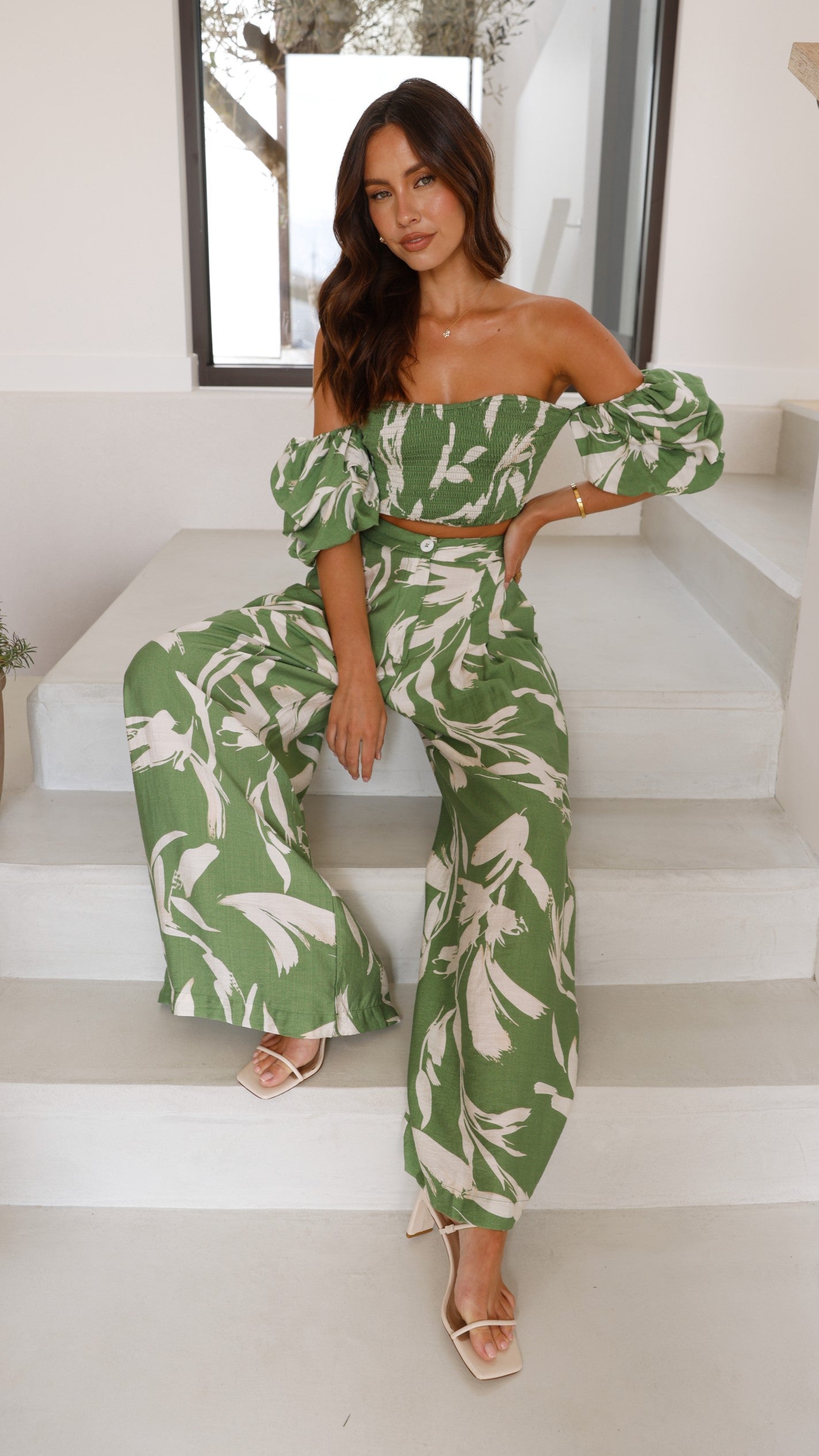 Callison Crop Top and Pants Set - Green Print - Billy J