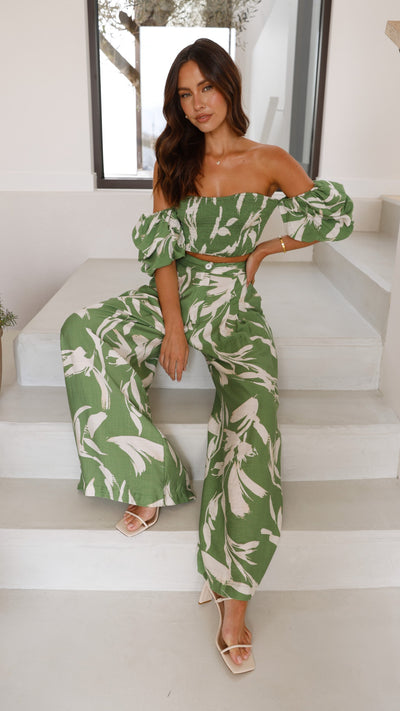 Load image into Gallery viewer, Callison Crop Top and Pants Set - Green Print - Billy J
