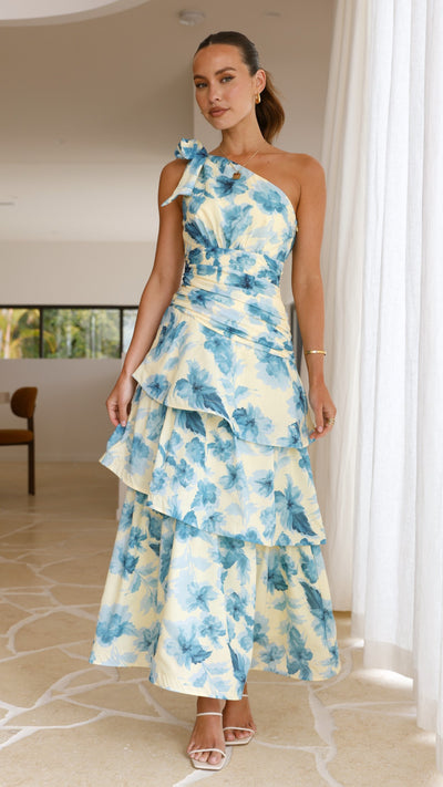 Load image into Gallery viewer, Odilie One Shoulder Maxi Dress - Yellow/Blue Floral - Billy J
