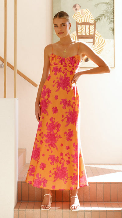 Load image into Gallery viewer, Margie Midi Dress - Orange / Pink Floral - Billy J
