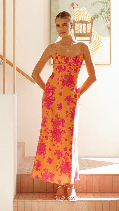 Load image into Gallery viewer, Margie Midi Dress - Orange / Pink Floral - Billy J
