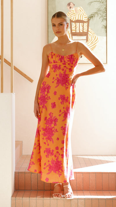 Load image into Gallery viewer, Margie Midi Dress - Orange / Pink Floral - Billy J
