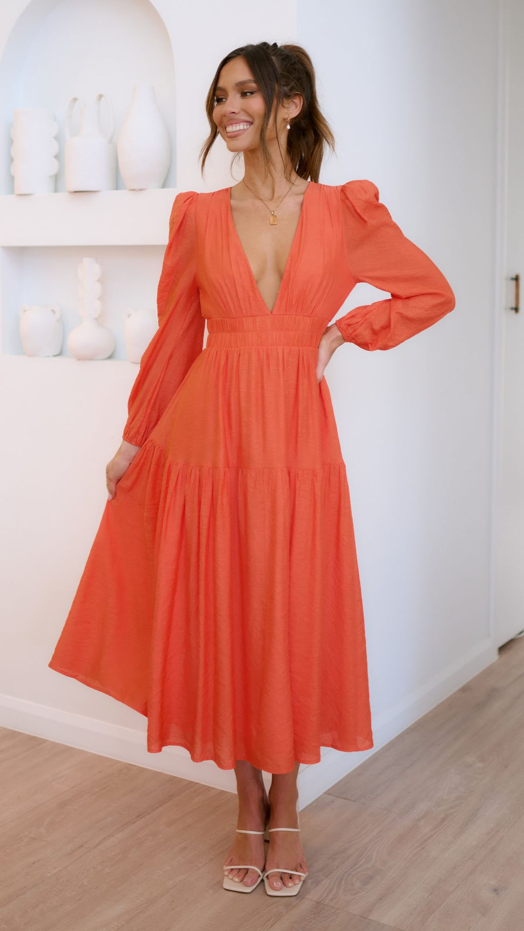 Erin Long Sleeve Midi Dress - Melon - Billy J