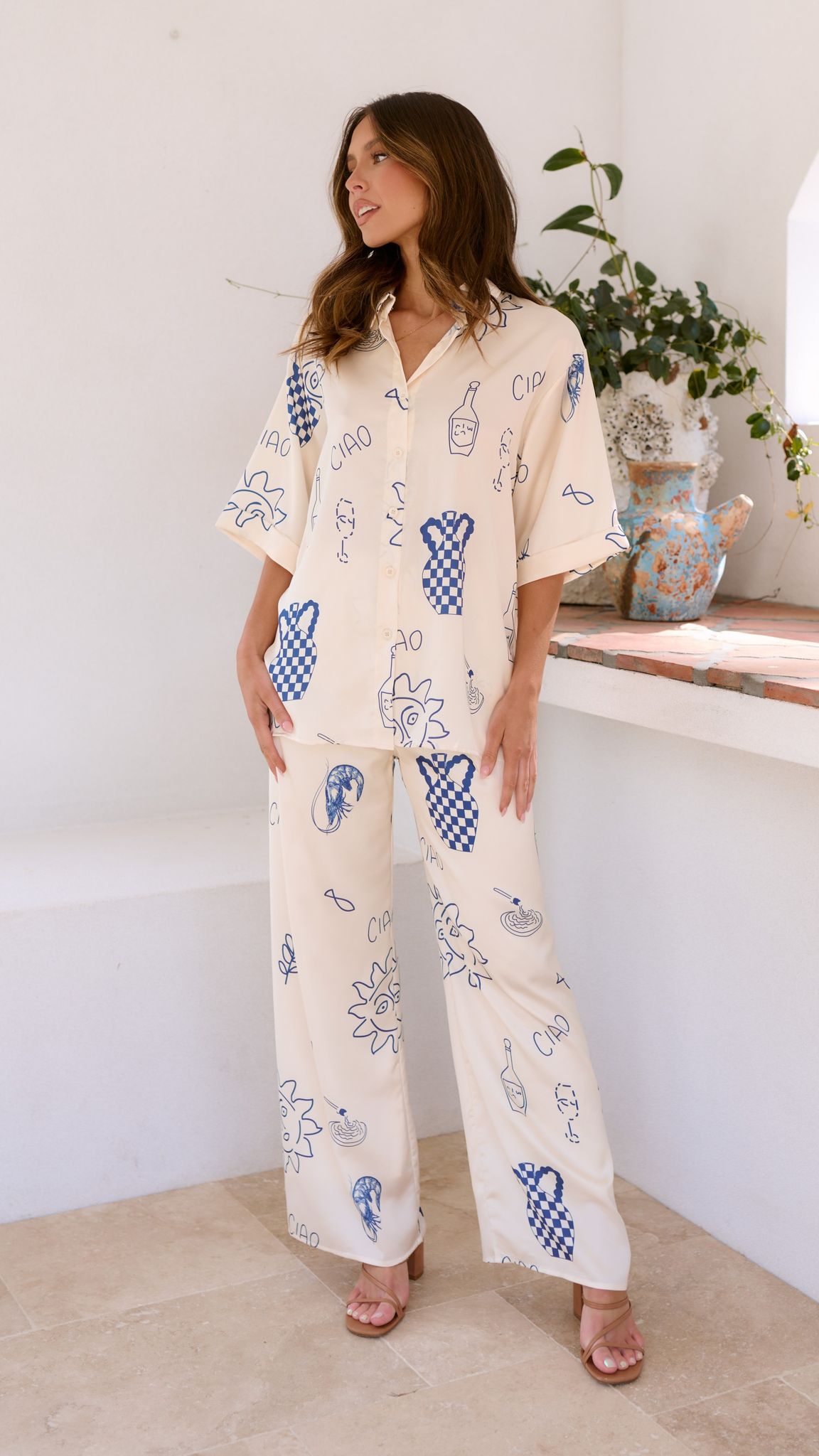 Bailie Shirt and Pants Set - Beige/Blue - Billy J