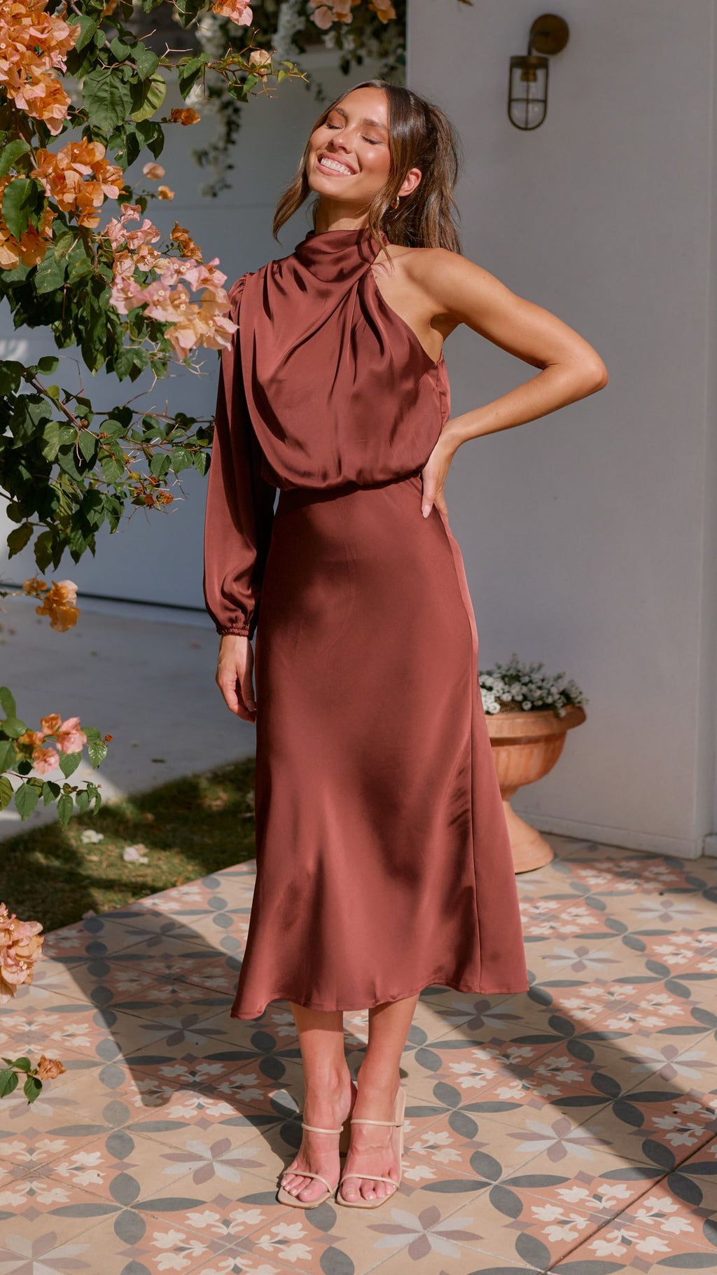 Esther One Shoulder Long Sleeve Dress - Brown - Billy J