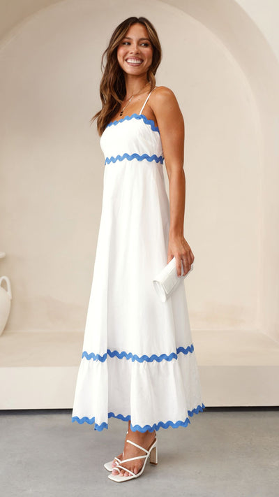 Load image into Gallery viewer, Brodey Midi Dress - White / Blue - Billy J
