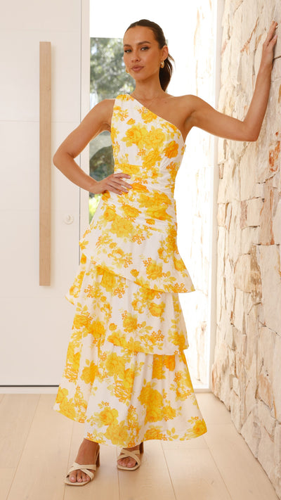 Load image into Gallery viewer, Odilie One Shoulder Maxi Dress - Yellow Floral - Billy J
