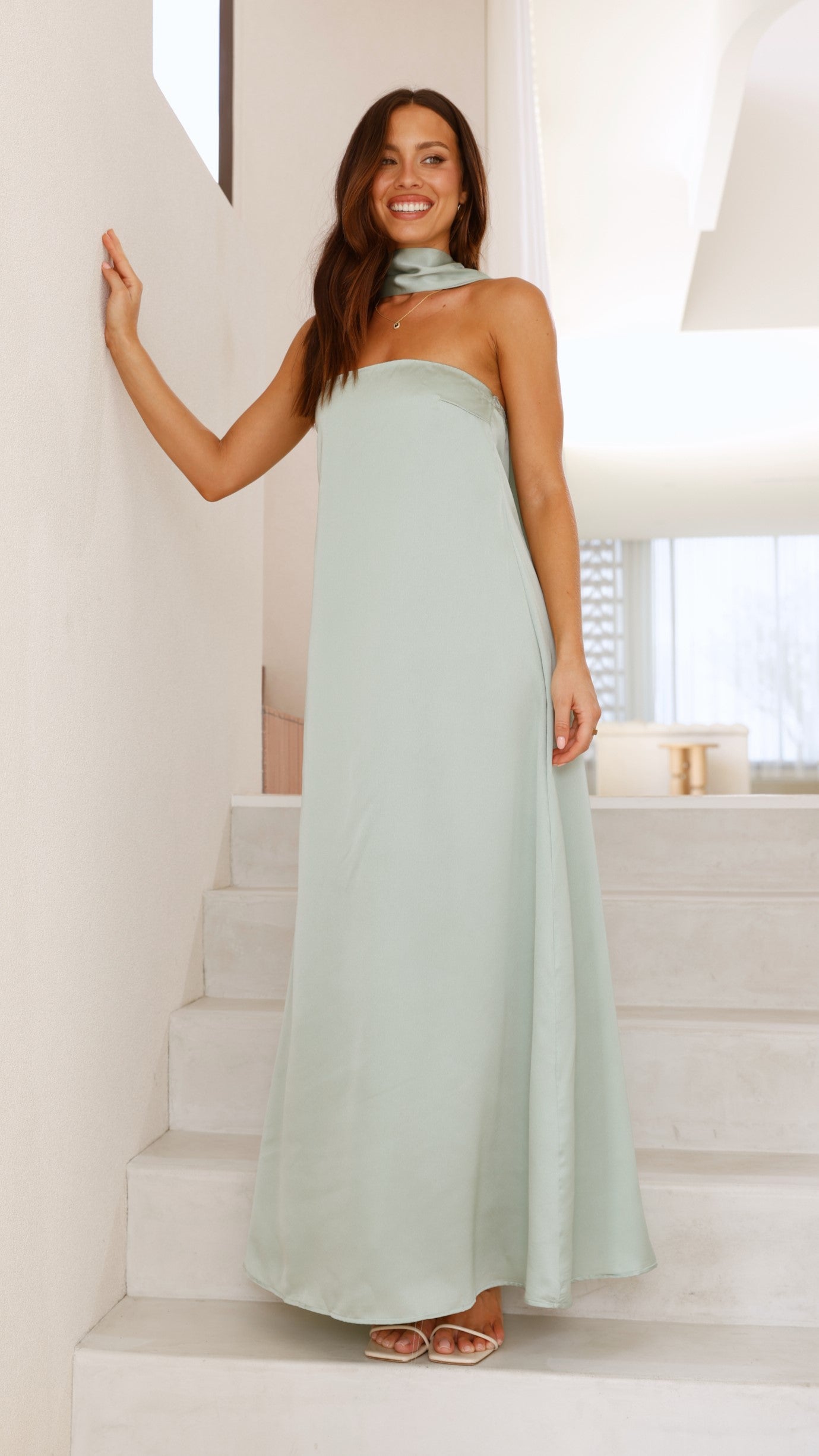 Caitie Strapless Scarf Maxi Dress - Sage - Billy J