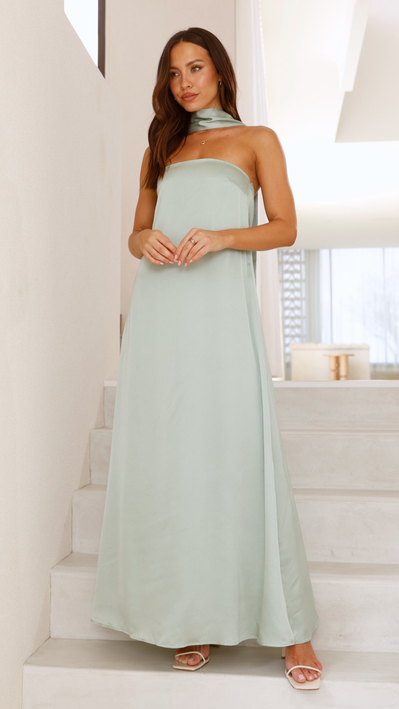 Caitie Strapless Scarf Maxi Dress - Sage - Billy J