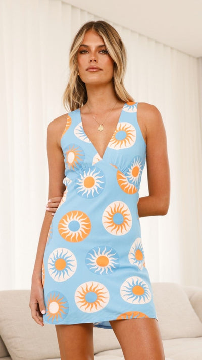 Load image into Gallery viewer, Daemyn Mini Dress - Blue / Orange Sun - Billy J
