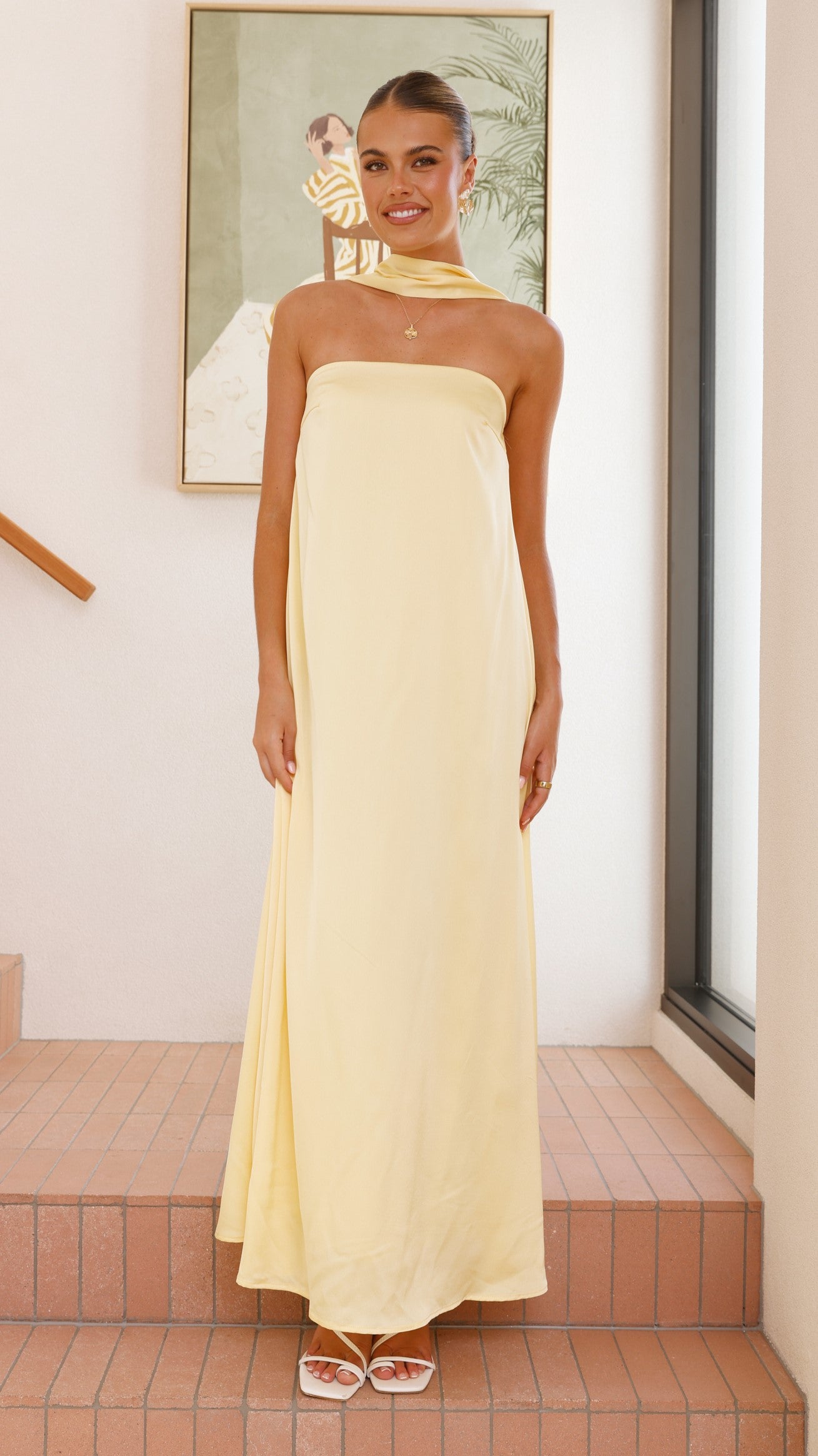 Caitie Strapless Scarf Maxi Dress - Yellow - Billy J