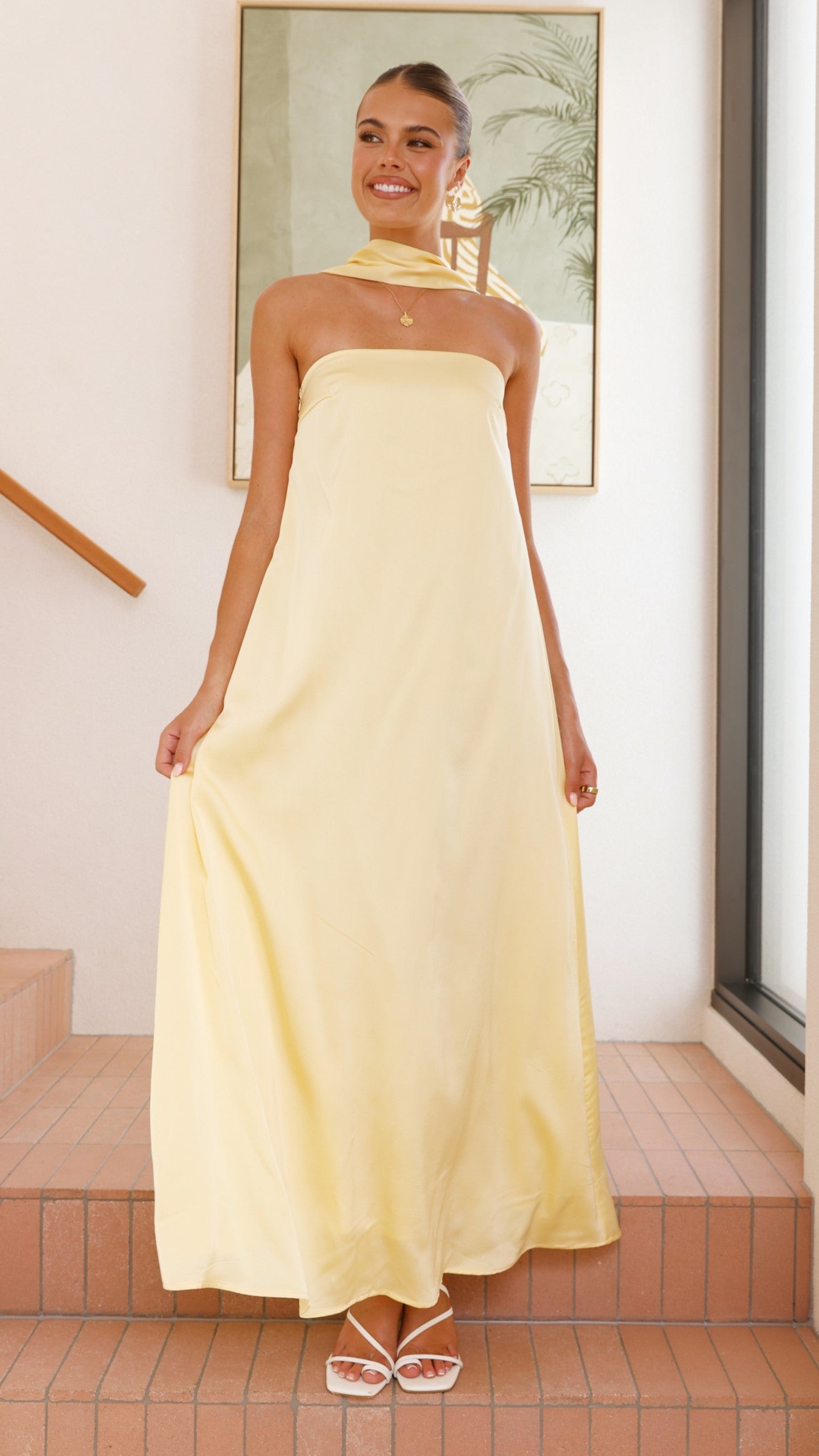 Caitie Strapless Scarf Maxi Dress - Yellow - Billy J