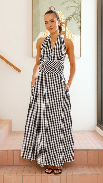 Load image into Gallery viewer, Brydie Halter Maxi Dress - Gingham Black - Billy J
