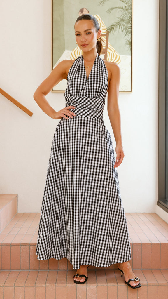 Brydie Halter Maxi Dress - Gingham Black - Billy J