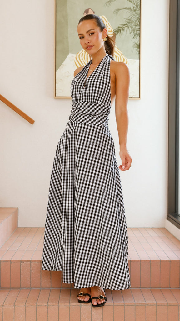 Brydie Halter Maxi Dress - Gingham Black - Billy J