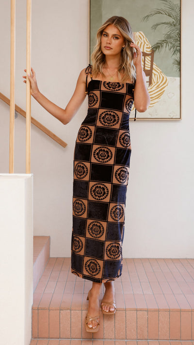 Load image into Gallery viewer, Garnet Maxi Dress - Black/Brown Print - Billy J
