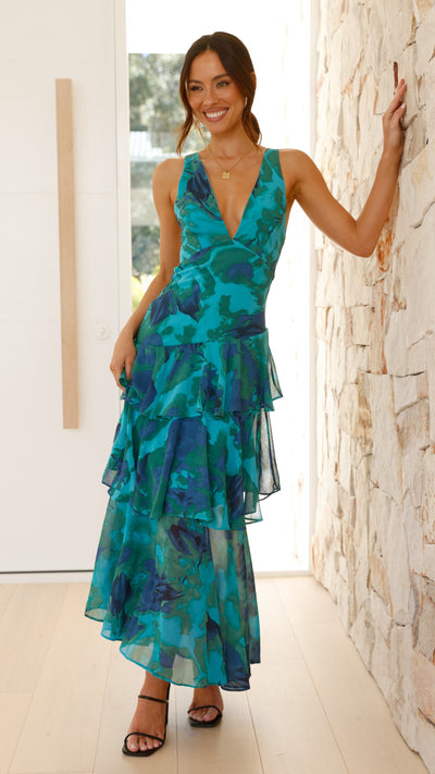 Load image into Gallery viewer, Sachiko Maxi Dress - Blue / Green Print - Billy J
