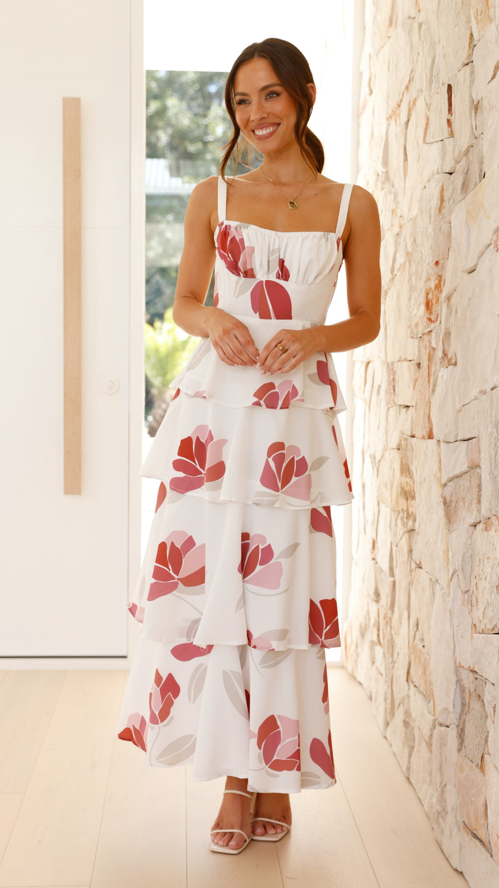 Odilia Maxi Dress - White/Pink Floral - Billy J