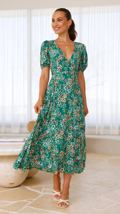 Load image into Gallery viewer, Itzel Midi Dress - Green Floral - Billy J
