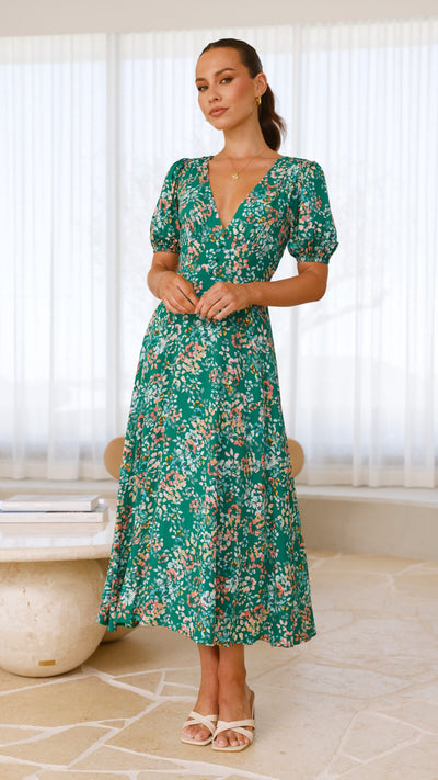 Load image into Gallery viewer, Itzel Midi Dress - Green Floral - Billy J
