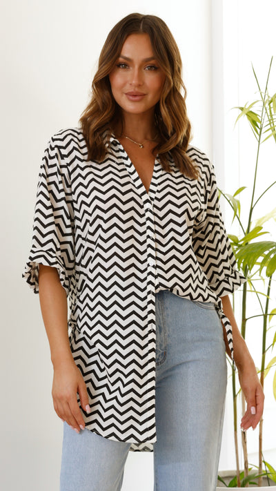 Load image into Gallery viewer, Vesper Beach Shirt - Black / White Zig Zag - Billy J
