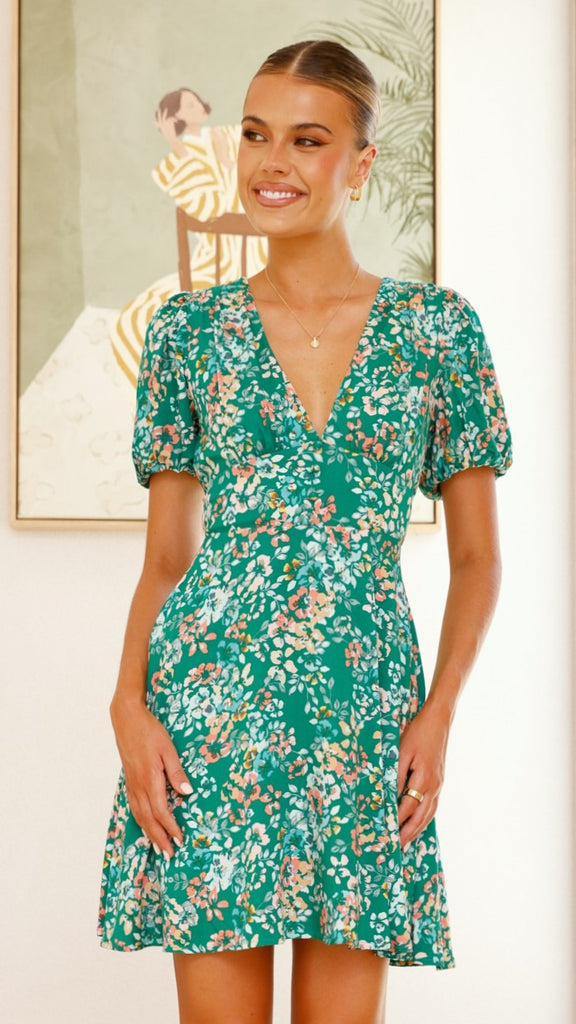 Itzel Mini Dress - Green Floral - Billy J