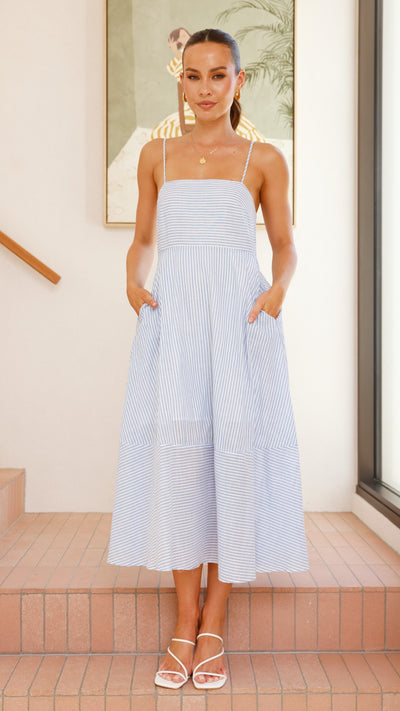 Load image into Gallery viewer, Talena Midi Dress - Blue / White Stripe - Billy J
