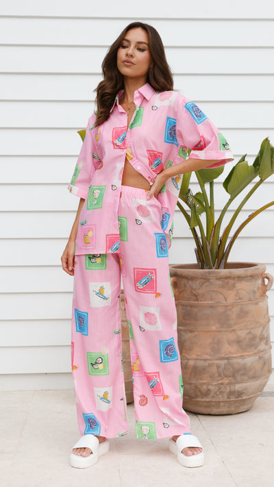 Load image into Gallery viewer, Kourt Button Up Shirt and Pants Set - Pink Stamps Set - Billy J
