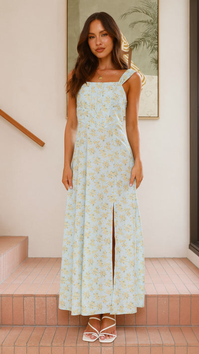 Load image into Gallery viewer, Kalea Midi Dress - Blue / Yellow Floral - Billy J
