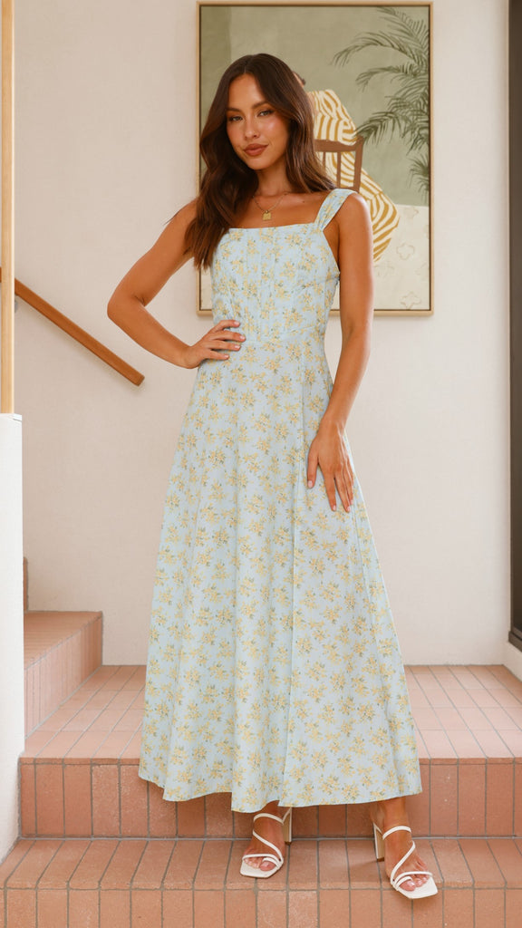 Kalea Midi Dress - Blue / Yellow Floral - Billy J