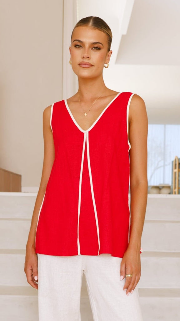 Loren V Neck Sleeveless Top - Red/White - Billy J