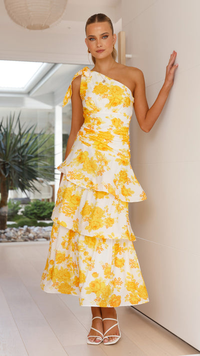 Load image into Gallery viewer, Odilie One Shoulder Maxi Dress - Yellow Floral - Billy J
