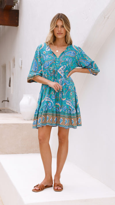 Load image into Gallery viewer, Fields Mini Dress - Green Print - Billy J
