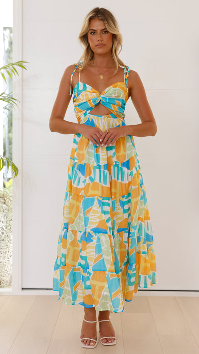 Load image into Gallery viewer, Yaritza Maxi Dress - Blue / Orange Print - Billy J
