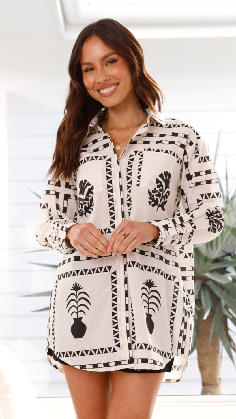 Raffaello Long Sleeve Mini Dress - White / Black Print - Billy J