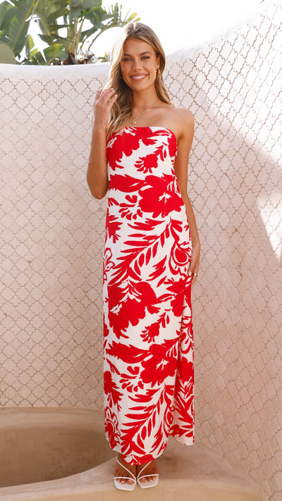 Load image into Gallery viewer, Uzma Strapless Maxi Dress - Red / White Print - Billy J
